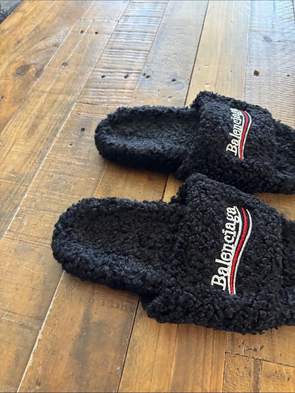 Balenciaga Men’s  Black Sherpa Logo Slide Slippers